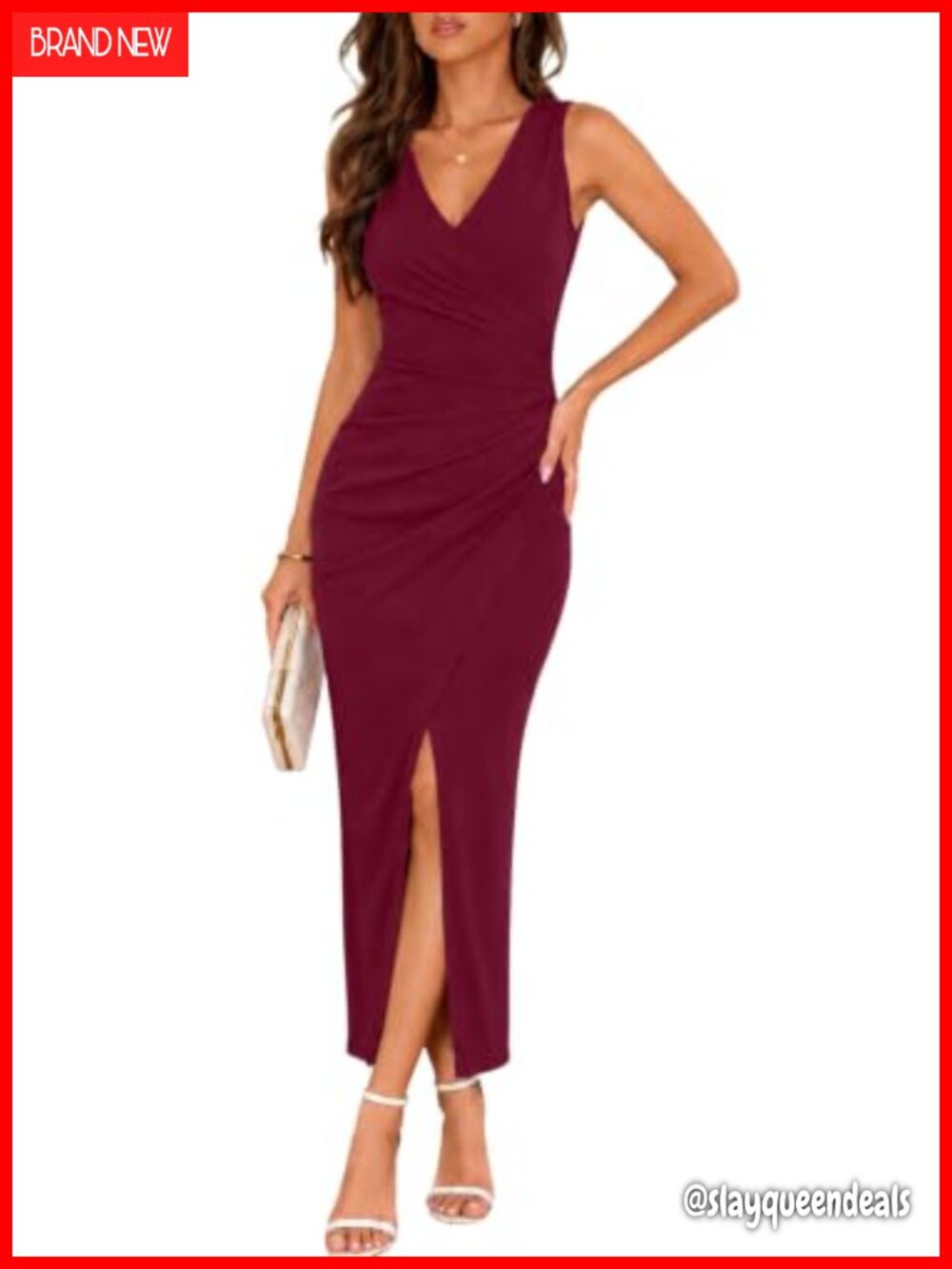 Women's Bodycon Maxi Dress Sleeveless V Neck Slit Ruched Wrap Cocktail Formal